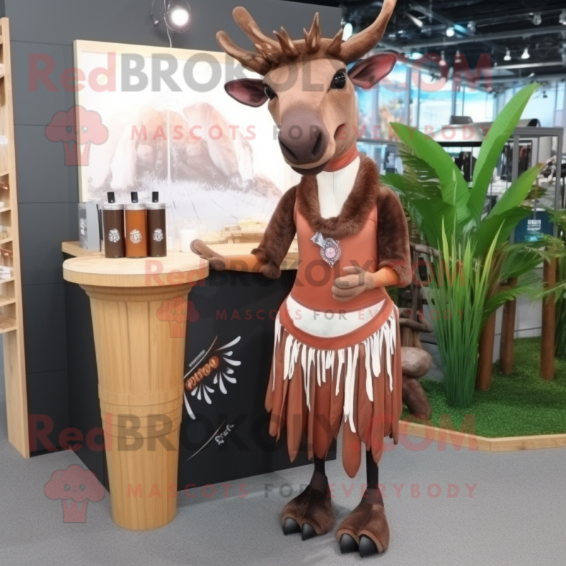 Brown Okapi mascot costume character dressed with a Cocktail Dress and Hairpins Brown Okapi mascot costume character dressed with a Cocktail Dress and Hairpins