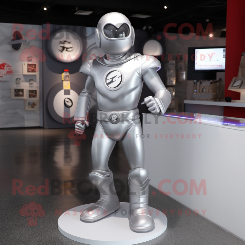 Silver Superhero mascot costume character dressed with a Polo Tee and Rings