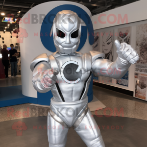 Silver Superhero mascot costume character dressed with a Polo Tee and Rings