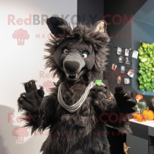 Black Hyena mascot costume character dressed with a Waistcoat and Mittens