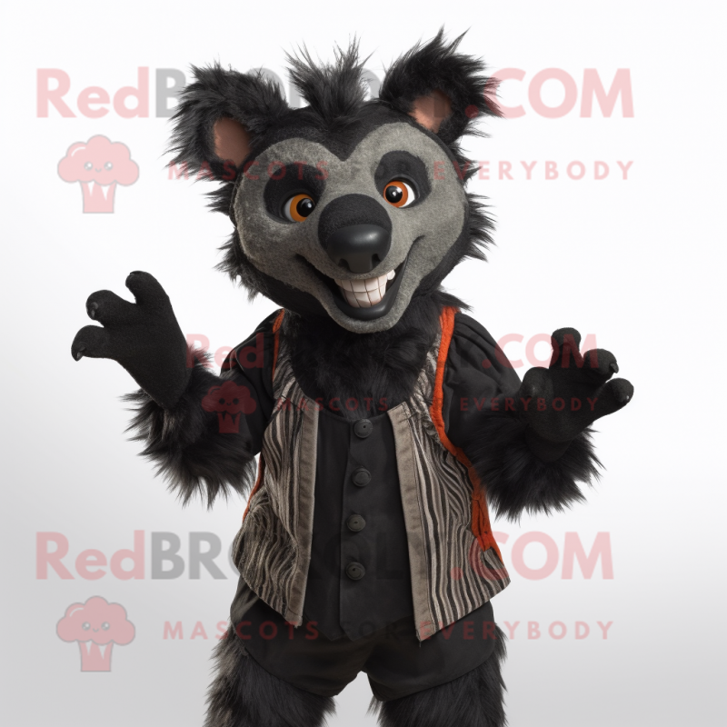 Black Hyena mascot costume character dressed with a Waistcoat and Mittens