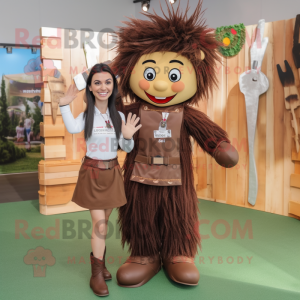 Brown Knife Thrower mascot costume character dressed with a Blouse and Hairpins