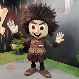 Brown Knife Thrower mascot costume character dressed with a Blouse and Hairpins