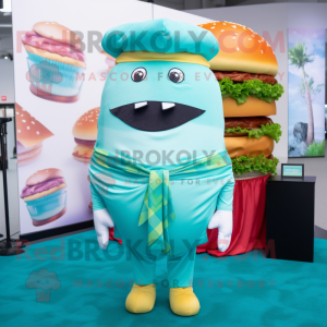 Cyan Hamburger mascot costume character dressed with a Dress Shirt and Scarf clips