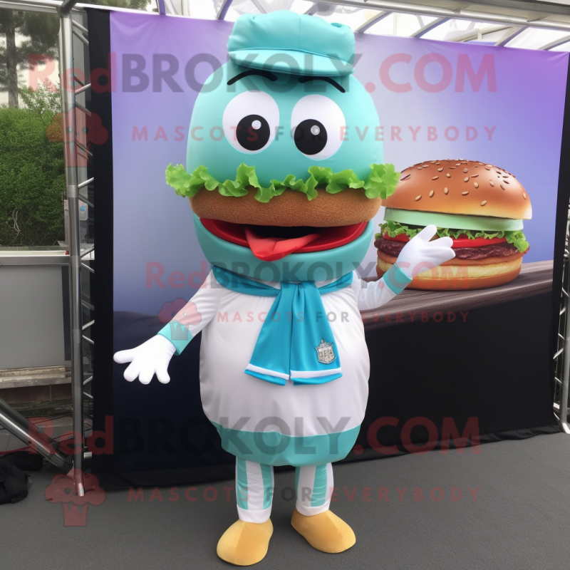 Cyan Hamburger mascot costume character dressed with a Dress Shirt and Scarf clips Cyan Hamburger mascot costume character dressed with a Dress Shirt and Scarf clips