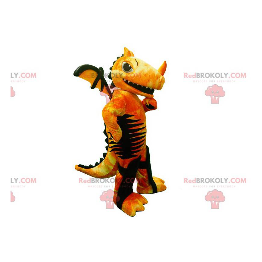 Yellow red and black dragon mascot with large wings -