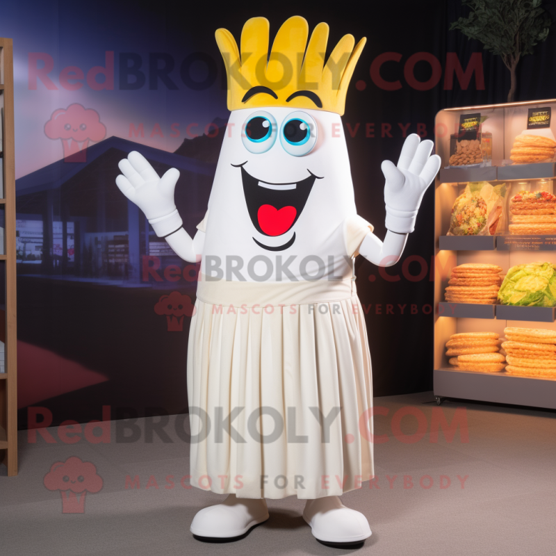 White French Fries mascot costume character dressed with a Maxi Skirt and Ties