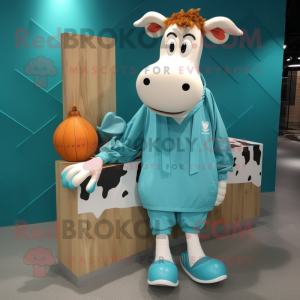 Cyan Guernsey Cow mascot costume character dressed with a Long Sleeve Tee and Shoe laces