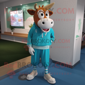 Cyan Guernsey Cow mascot costume character dressed with a Long Sleeve Tee and Shoe laces