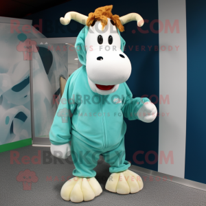 Cyan Guernsey Cow mascot costume character dressed with a Long Sleeve Tee and Shoe laces