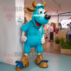 Cyan Guernsey Cow mascot costume character dressed with a Long Sleeve Tee and Shoe laces