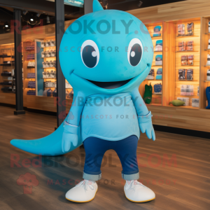 Turquoise Blue Whale mascot costume character dressed with a Skinny Jeans and Shoe laces