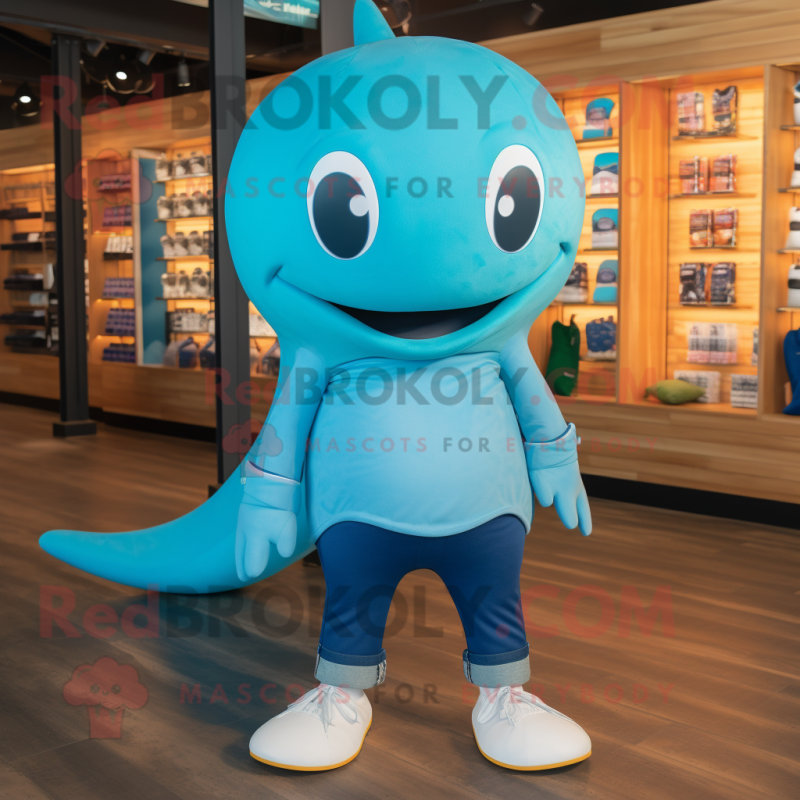 Turquoise Blue Whale mascot costume character dressed with a Skinny Jeans and Shoe laces