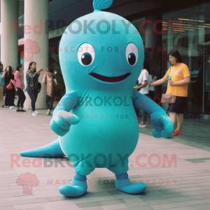 Turquoise Blue Whale mascot costume character dressed with a Skinny Jeans and Shoe laces