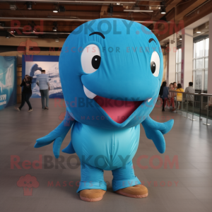 Turquoise Blue Whale mascot costume character dressed with a Skinny Jeans and Shoe laces