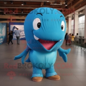 Turquoise Blue Whale mascot costume character dressed with a Skinny Jeans and Shoe laces
