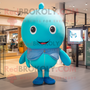 Turquoise Blue Whale mascot costume character dressed with a Skinny Jeans and Shoe laces