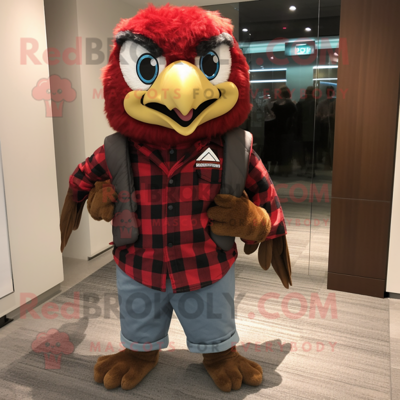 Red Hawk mascot costume character dressed with a Flannel Shirt and Backpacks