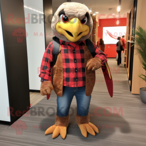 Red Hawk mascot costume character dressed with a Flannel Shirt and Backpacks