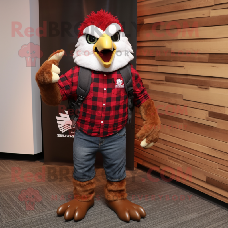 Red Hawk mascot costume character dressed with a Flannel Shirt and Backpacks Red Hawk mascot costume character dressed with a Flannel Shirt and Backpacks