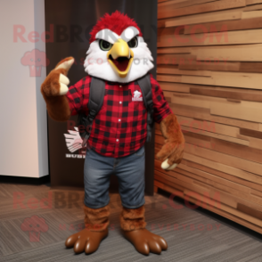 Red Hawk mascot costume character dressed with a Flannel Shirt and Backpacks