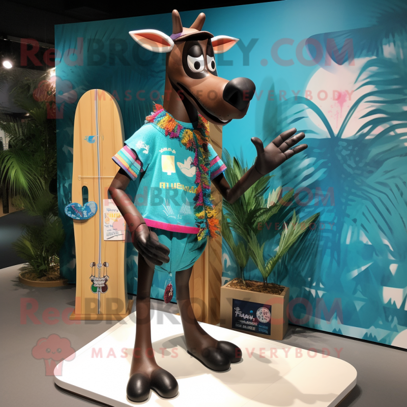 Turquoise Okapi mascot costume character dressed with a Board Shorts and Brooches Turquoise Okapi mascot costume character dressed with a Board Shorts and Brooches