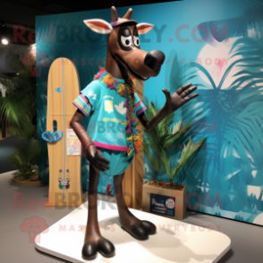 Turquoise Okapi mascot costume character dressed with a Board Shorts and Brooches