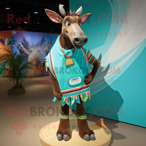Turquoise Okapi mascot costume character dressed with a Board Shorts and Brooches