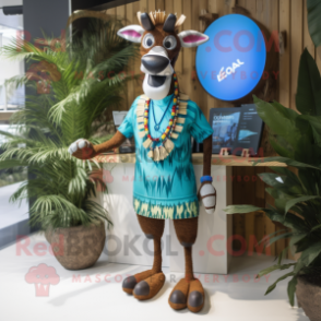 Turquoise Okapi mascot costume character dressed with a Board Shorts and Brooches