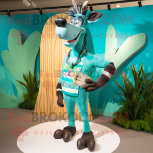 Turquoise Okapi mascot costume character dressed with a Board Shorts and Brooches