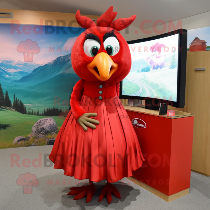 Red Quail mascot costume character dressed with a Maxi Skirt and Hairpins