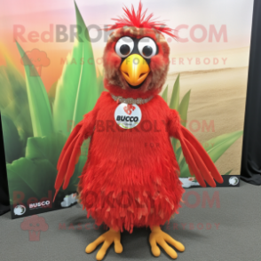 Red Quail mascot costume character dressed with a Maxi Skirt and Hairpins