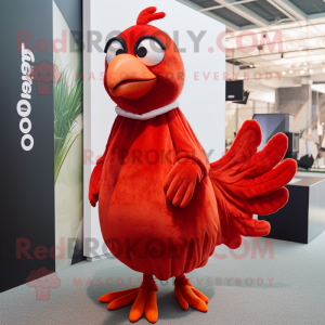 Red Quail mascot costume character dressed with a Maxi Skirt and Hairpins