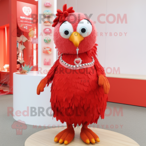 Red Quail mascot costume character dressed with a Maxi Skirt and Hairpins