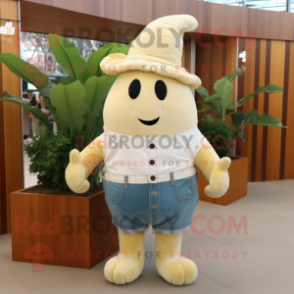 Cream Beet mascot costume character dressed with a Denim Shorts and Cummerbunds