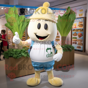 Cream Beet mascot costume character dressed with a Denim Shorts and Cummerbunds