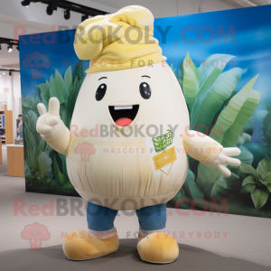 Cream Beet mascot costume character dressed with a Denim Shorts and Cummerbunds