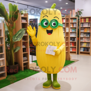 Gold Zucchini mascot costume character dressed with a Midi Dress and Reading glasses