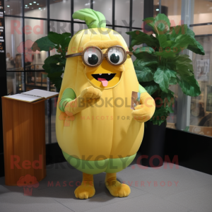 Gold Zucchini mascot costume character dressed with a Midi Dress and Reading glasses