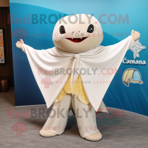 Cream Stingray mascot costume character dressed with a V-Neck Tee and Shawls