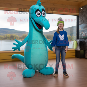 nan Loch Ness Monster mascot costume character dressed with a Boyfriend Jeans and Shoe clips