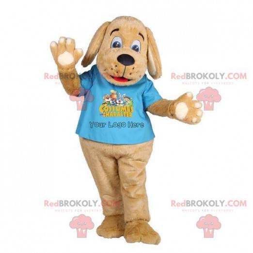 Brun hundehvalpe maskot med en blå t-shirt - Redbrokoly.com