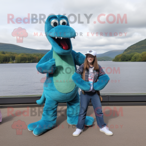 nan Loch Ness Monster mascot costume character dressed with a Boyfriend Jeans and Shoe clips