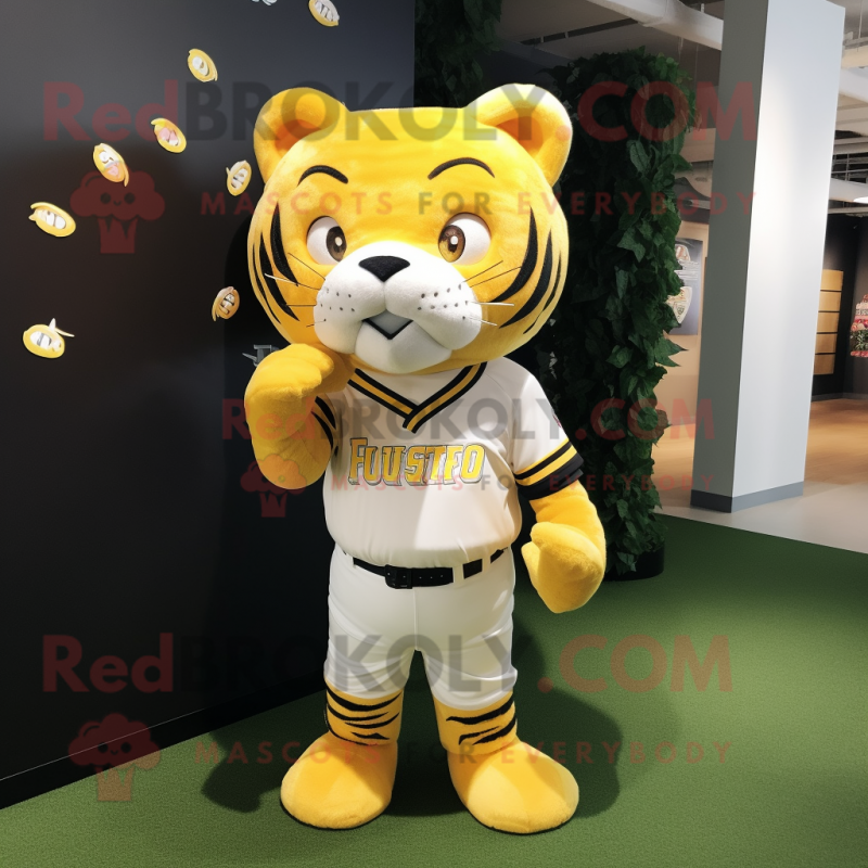 Lemon Yellow Tiger mascot costume character dressed with a Baseball Tee and Wraps