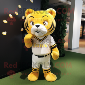 Lemon Yellow Tiger mascot costume character dressed with a Baseball Tee and Wraps