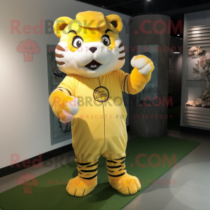 Lemon Yellow Tiger mascot costume character dressed with a Baseball Tee and Wraps