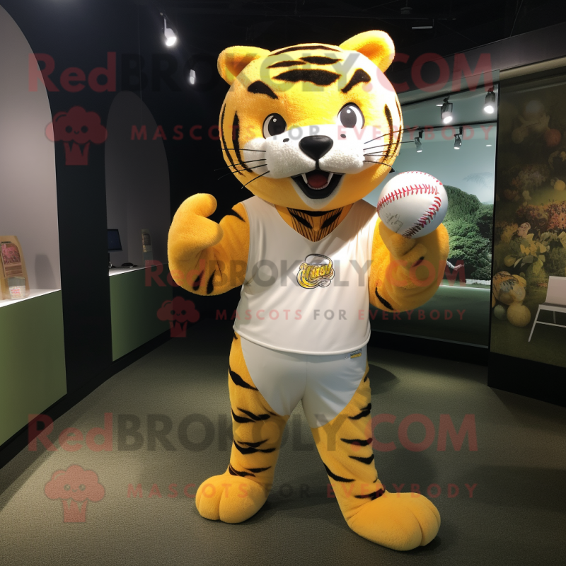 Lemon Yellow Tiger mascot costume character dressed with a Baseball Tee and Wraps Lemon Yellow Tiger mascot costume character dressed with a Baseball Tee and Wraps