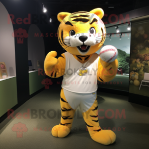 Lemon Yellow Tiger mascot costume character dressed with a Baseball Tee and Wraps