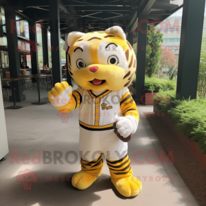 Lemon Yellow Tiger mascot costume character dressed with a Baseball Tee and Wraps