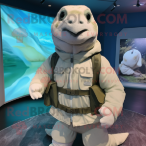 White Sea Turtle mascot costume character dressed with a Parka and Suspenders